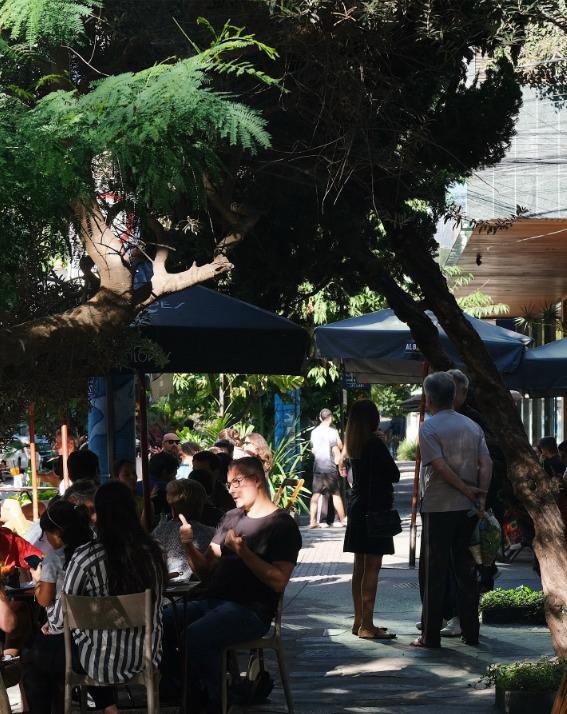 Mesas ao ar livre de bares e cafés sob as árvores na Savassi, Região Centro-Sul de Belo Horizonte