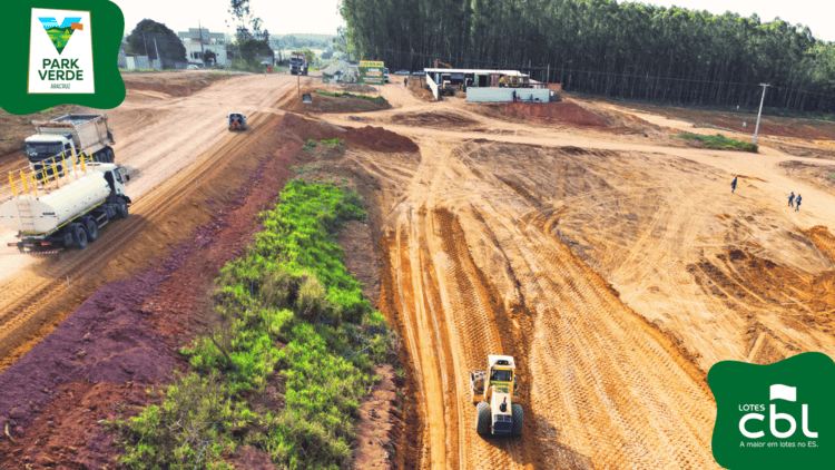 Foto aerea do andamento das obras de terraplenagem e viario do Park Verde