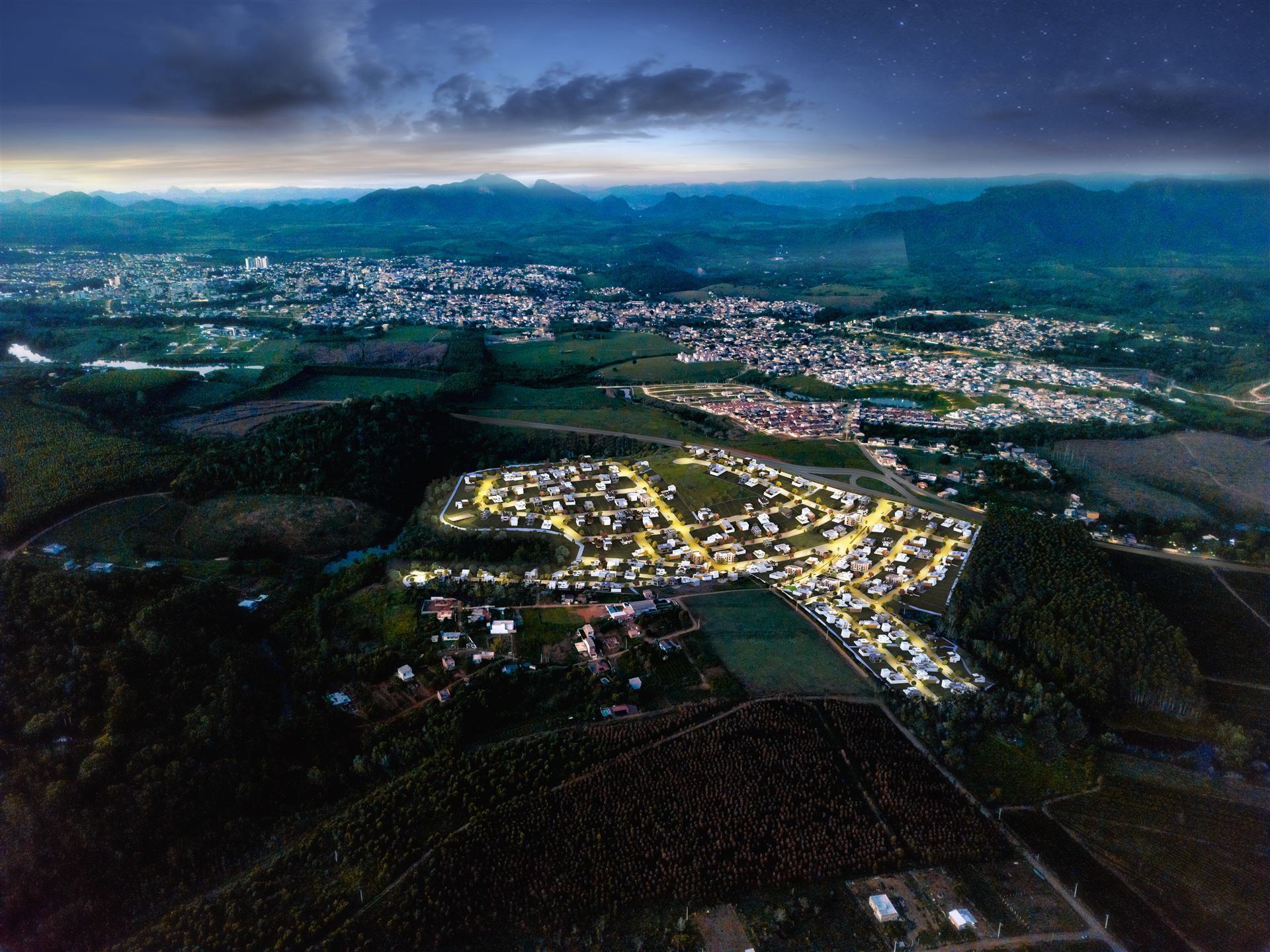 Vista aerea noturna do loteamento Park Verde iluminado em Aracruz, Espirito Santo
