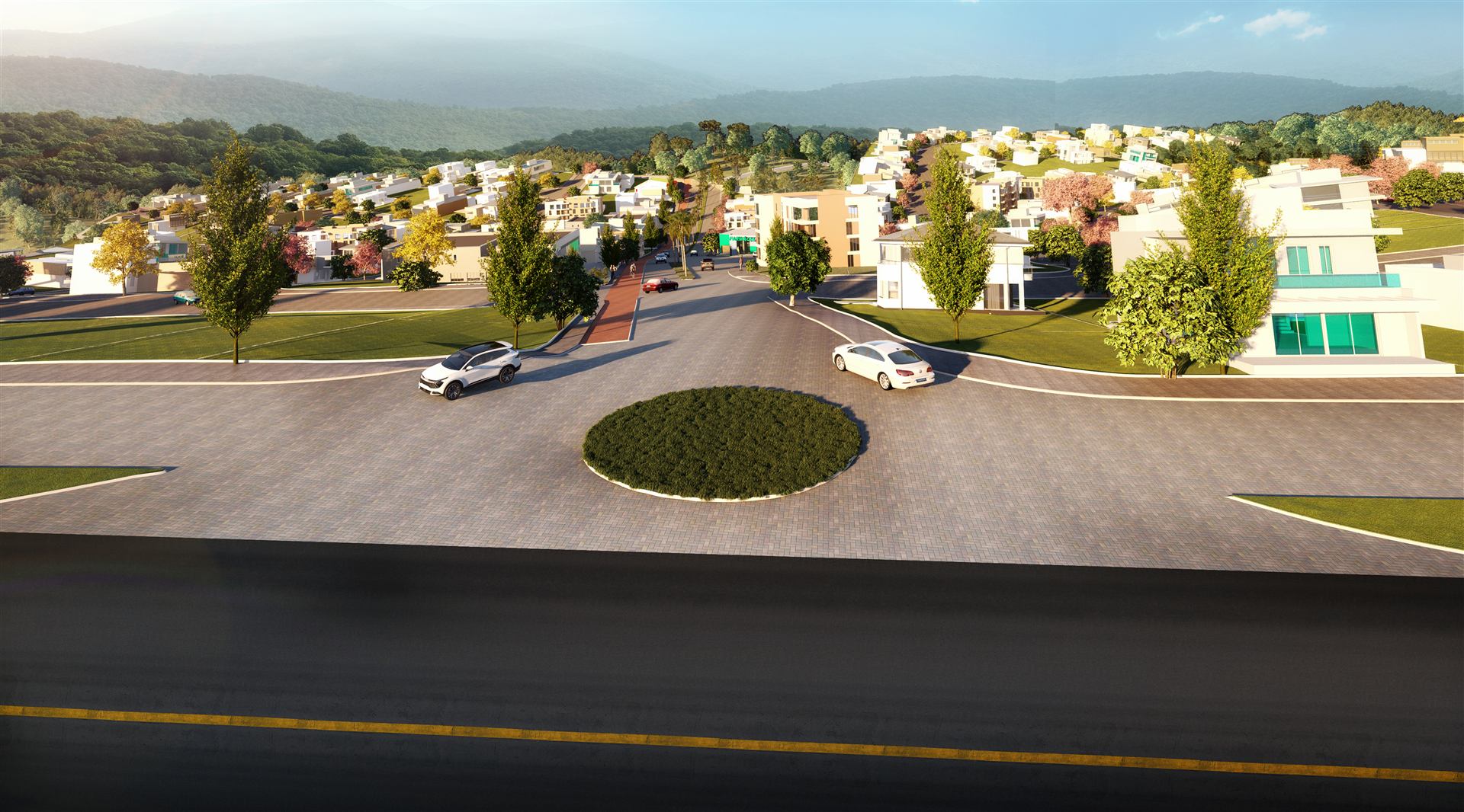 Perspectiva da rotatoria de entrada do bairro planejado Park Verde em Aracruz