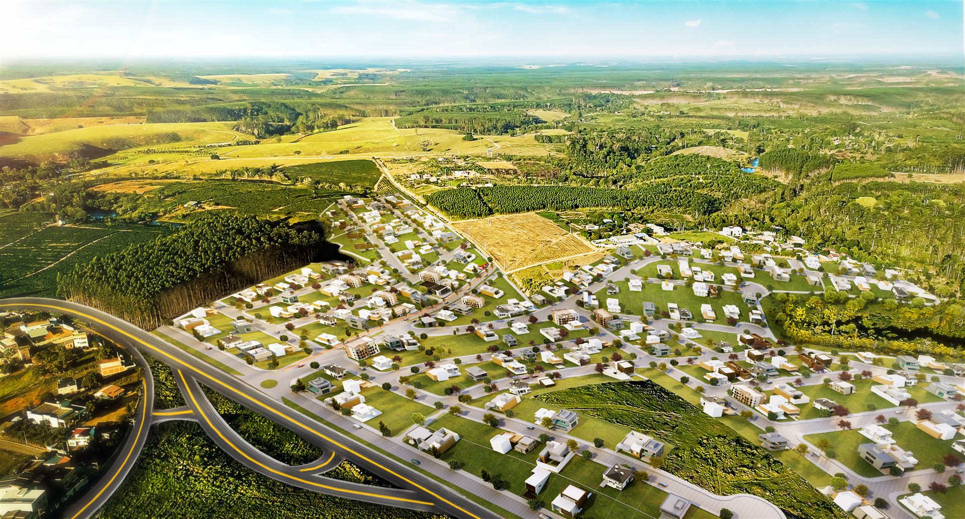 Perspectiva de rua interna com casas de arquitetura moderna no Park Verde
