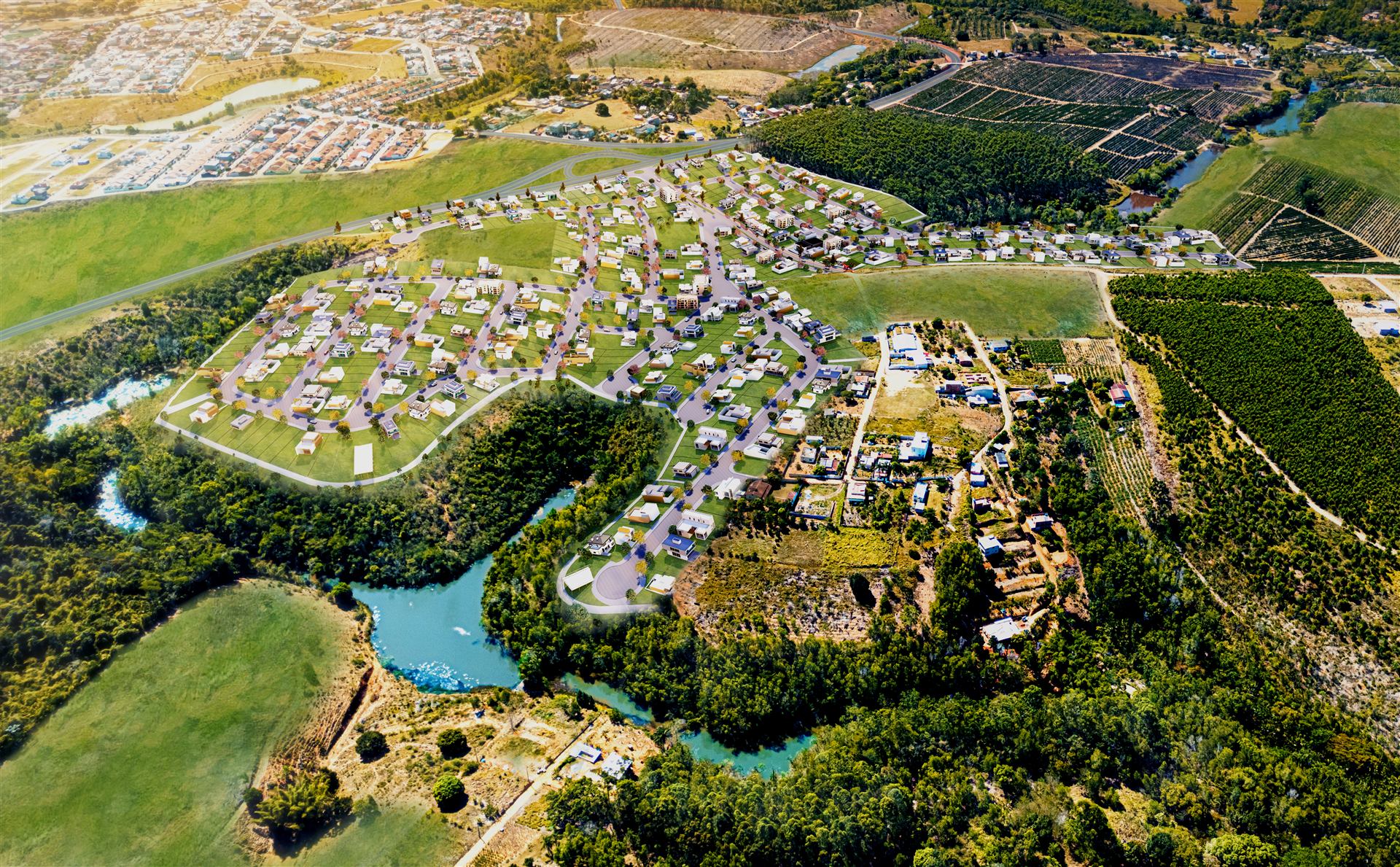 Vista aerea diurna do masterplan do Park Verde integrado ao entorno de Aracruz