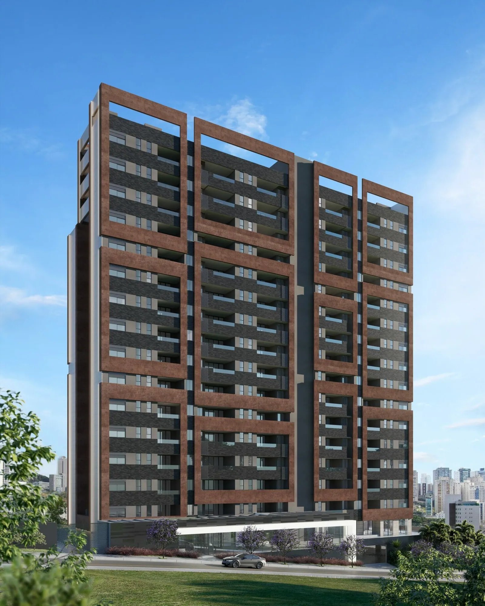 Fachada do Aldea Vale do Sereno, empreendimento da Construtora Sudoeste na Rua do Cedro, 202, Nova Lima