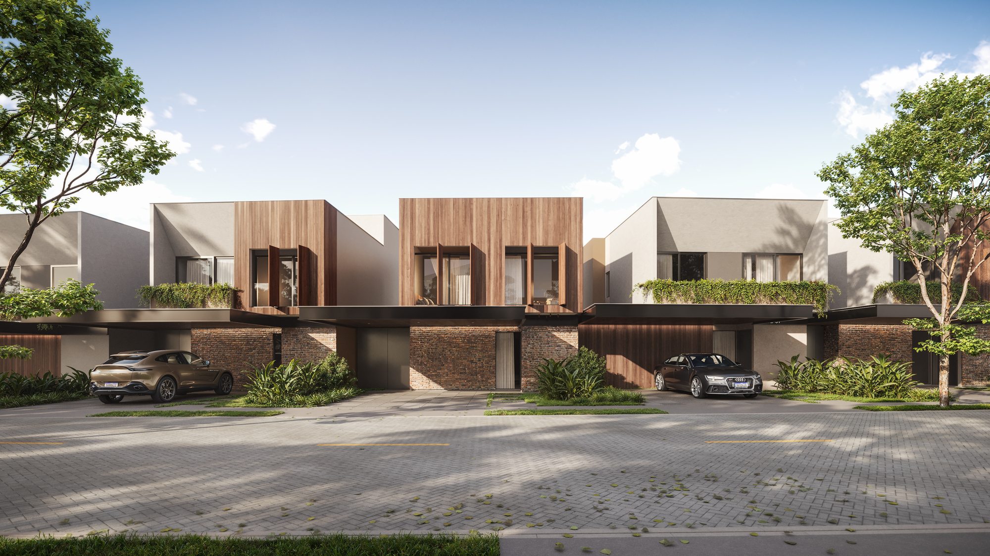 Fachadas das casas do Abitte Piemonte, com revestimentos em madeira e volumes claros