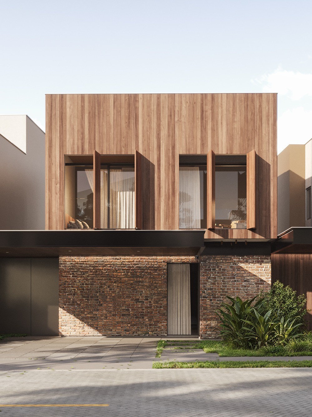 Fachada A Legno do Abitte Piemonte, volume superior todo revestido em madeira