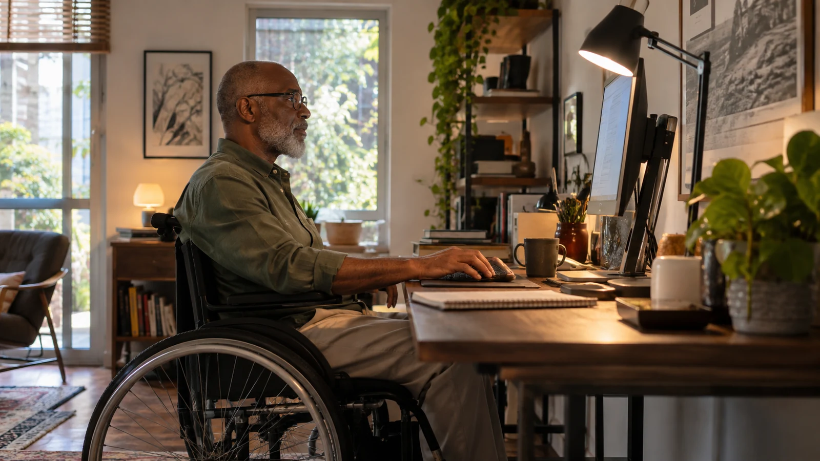 Imagem editorial ilustrativa: Ergonomia home office, tamanho ideal de mesa de trabalho e iluminação para trabalhar em casa