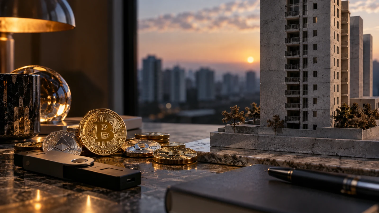 Imagem editorial ilustrativa: Imóveis ou criptomoedas