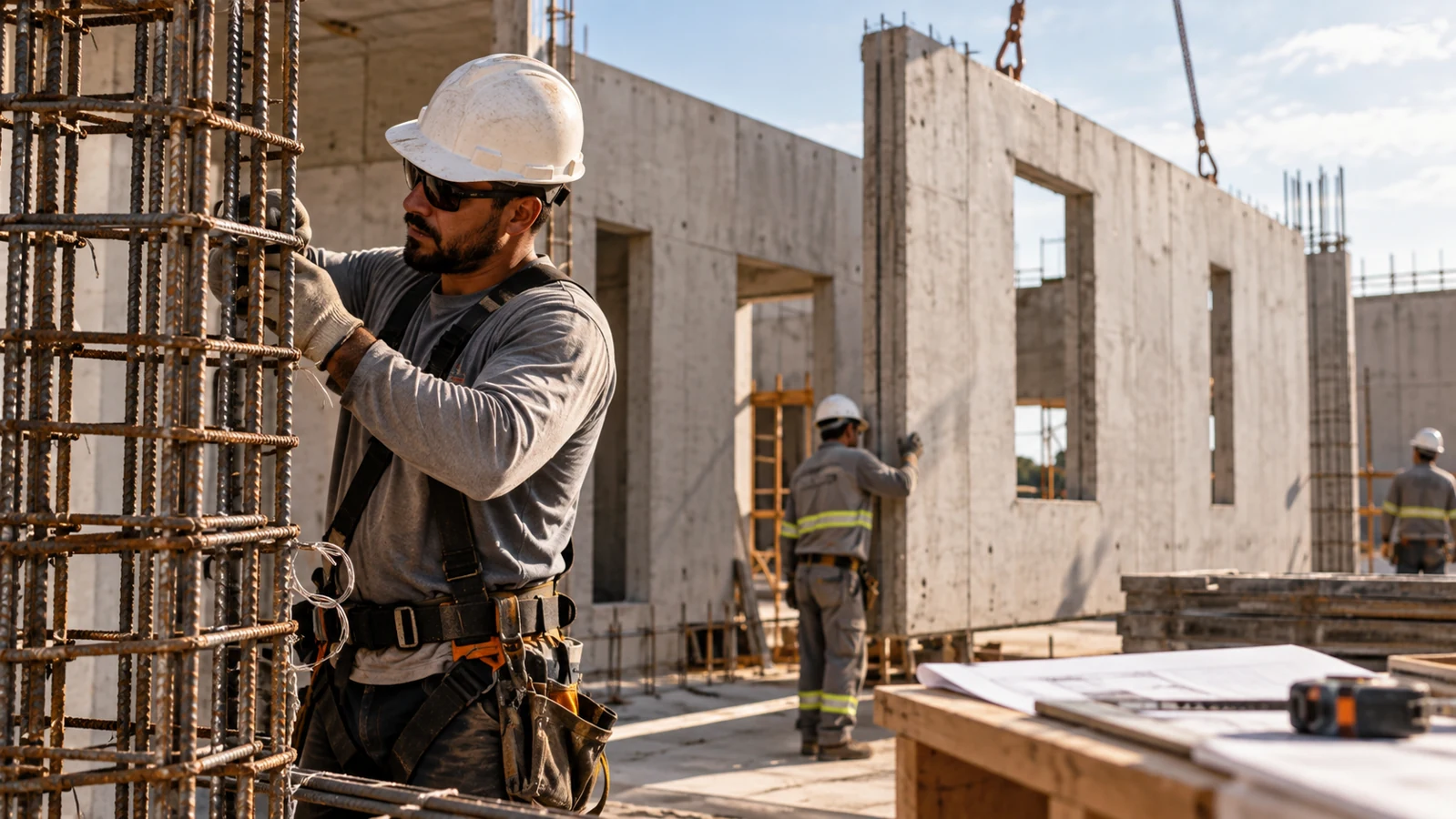 Imagem editorial ilustrativa: Construção em concreto armado e paredes de concreto