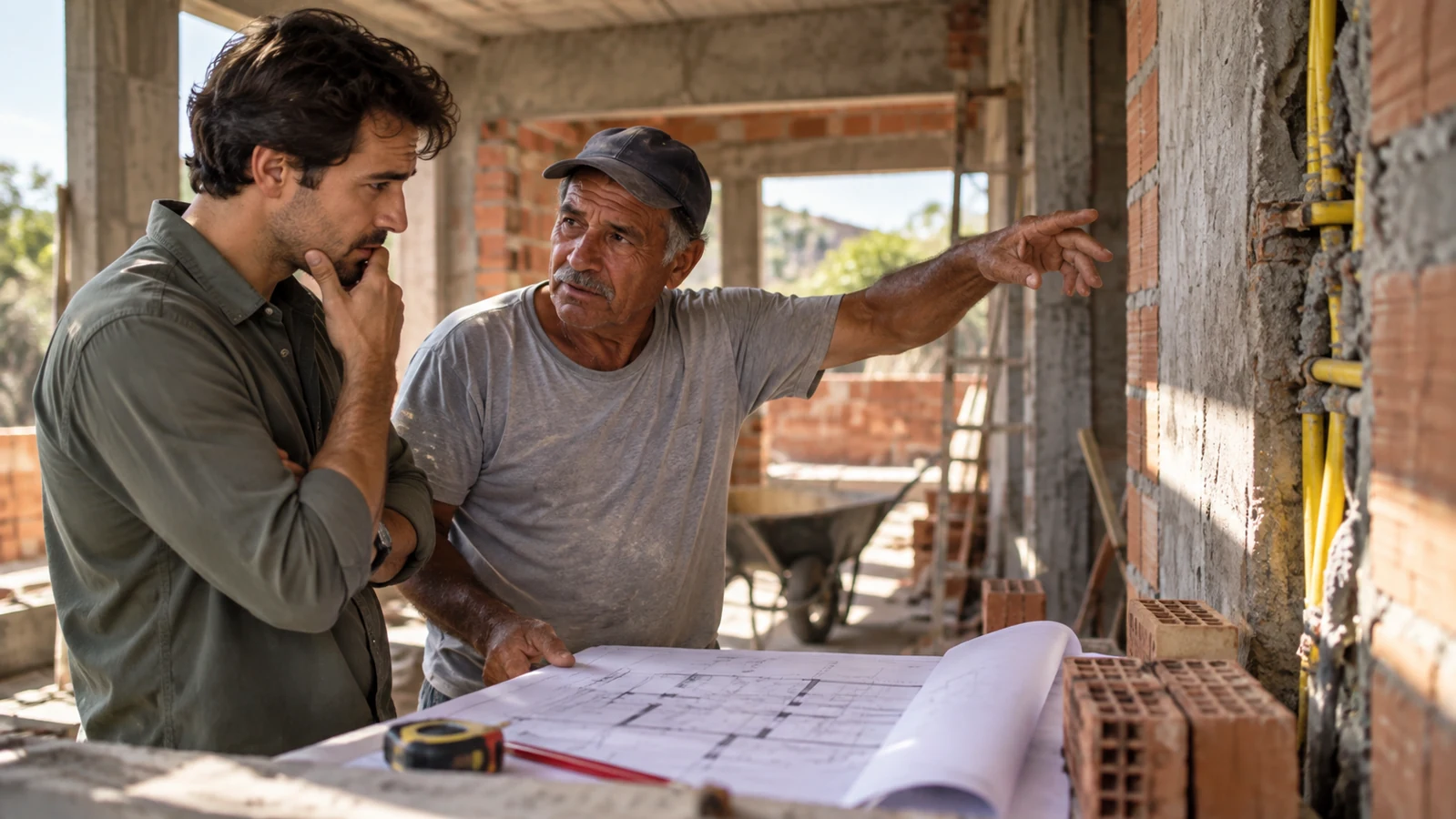 Imagem editorial ilustrativa: Os perigos e custos de construir com o pedreiro da família sem um projeto técnico detalhado