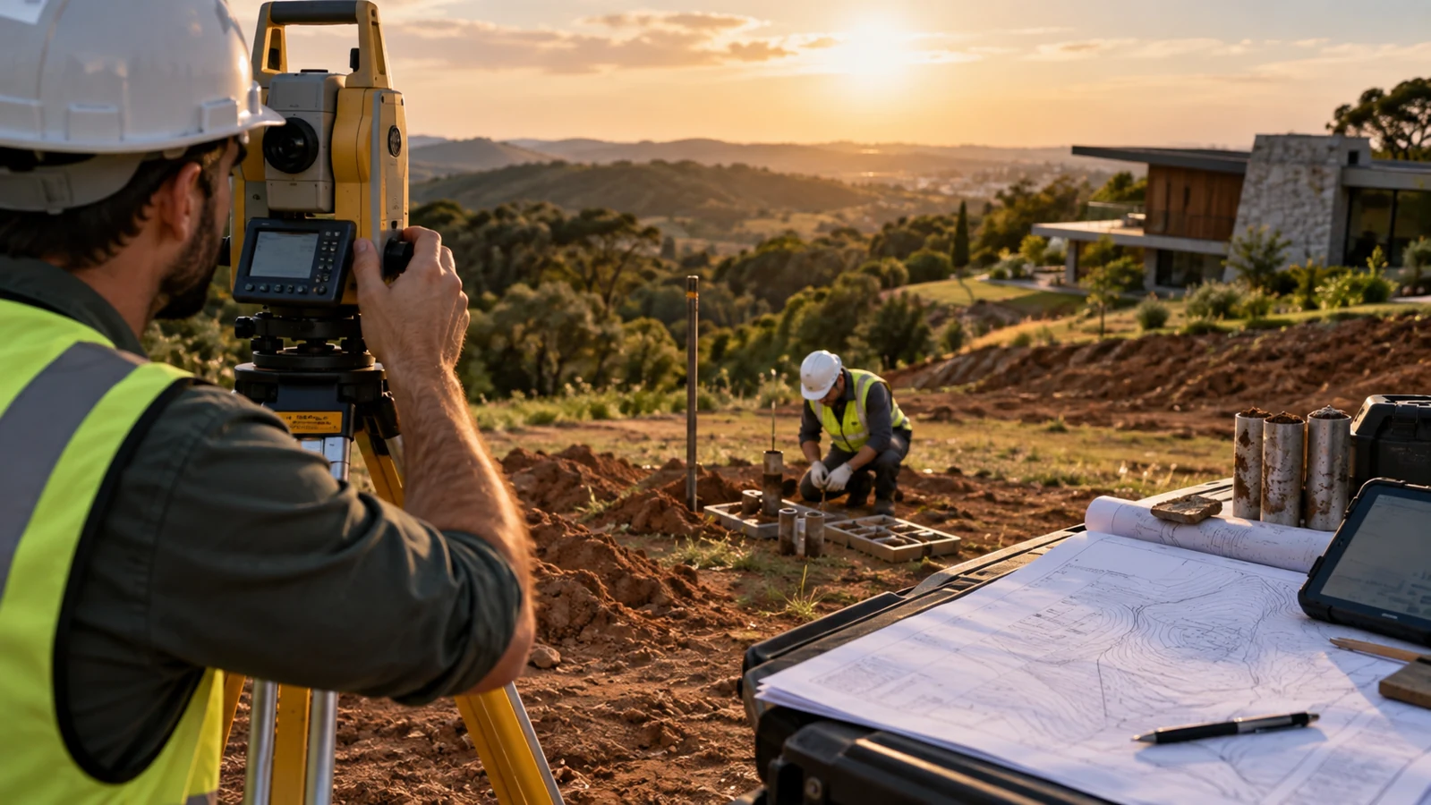 Imagem editorial ilustrativa: Topografia, estudo de solo e escolha inteligente do terreno