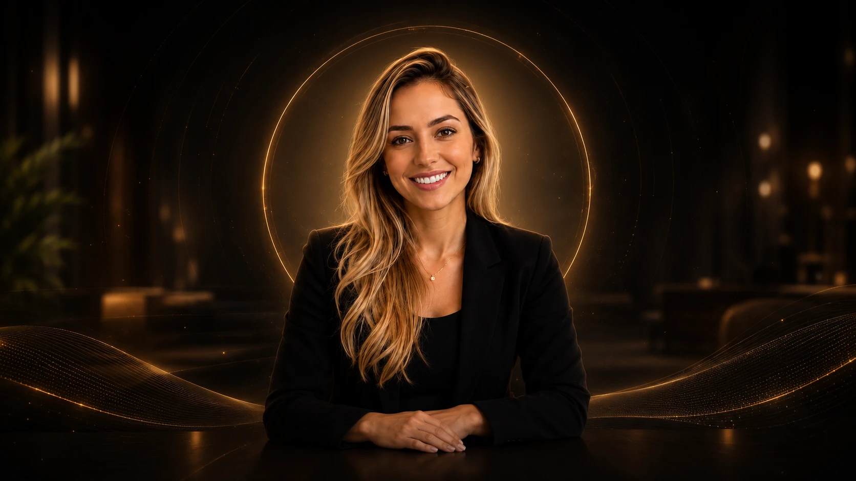 Lídia, a assistente inteligente da VITALE, sorrindo diante de um anel de luz dourada