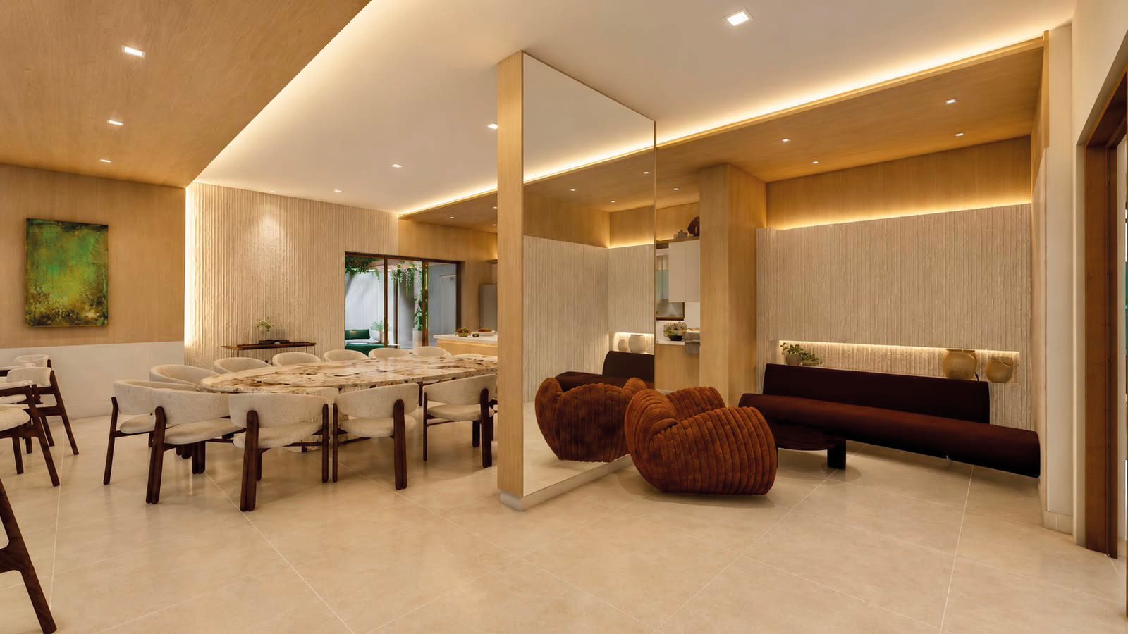 Espaço gourmet do AMANI Comfort Home, com mesa de jantar e lounge integrados
