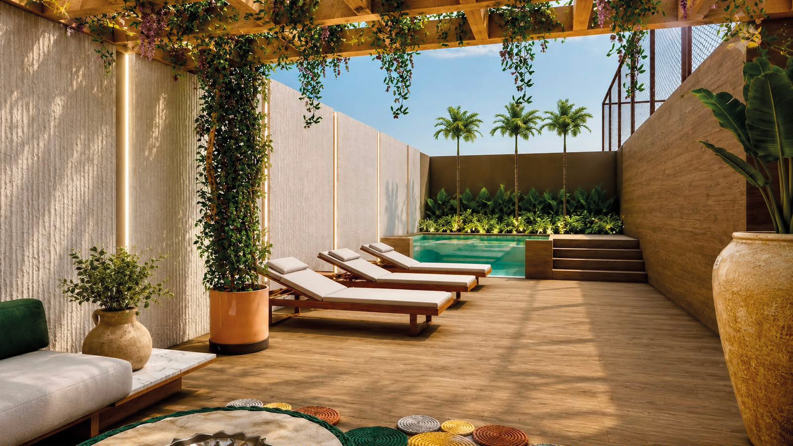 Piscina com deck de madeira, pergolado e paisagismo do AMANI Comfort Home